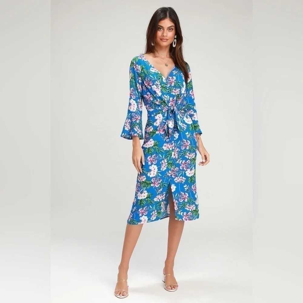 Lulu's Bright Blue Floral Wrap Midi Dress - Picture 1 of 8